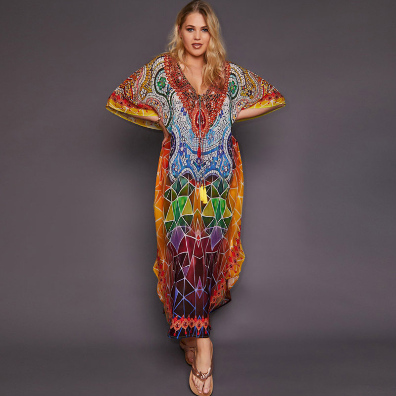 African Loose Robe, Retro Hippie Colorful Moroccan Travel Dress, Sanya Seaside Quick-Drying Beach Dress