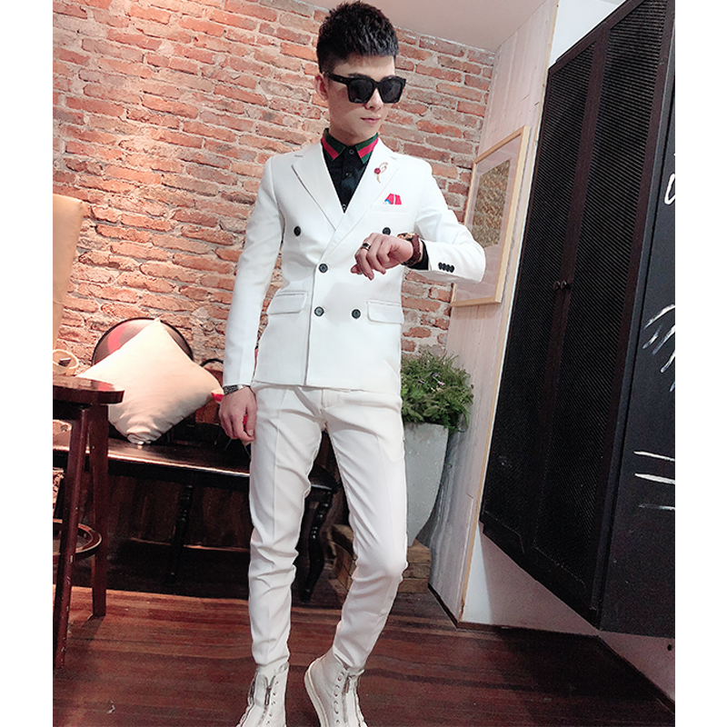 Net red with the same pure color double-row button little western suit quick hand red man with the same tight fit white suit men's version of Korean version