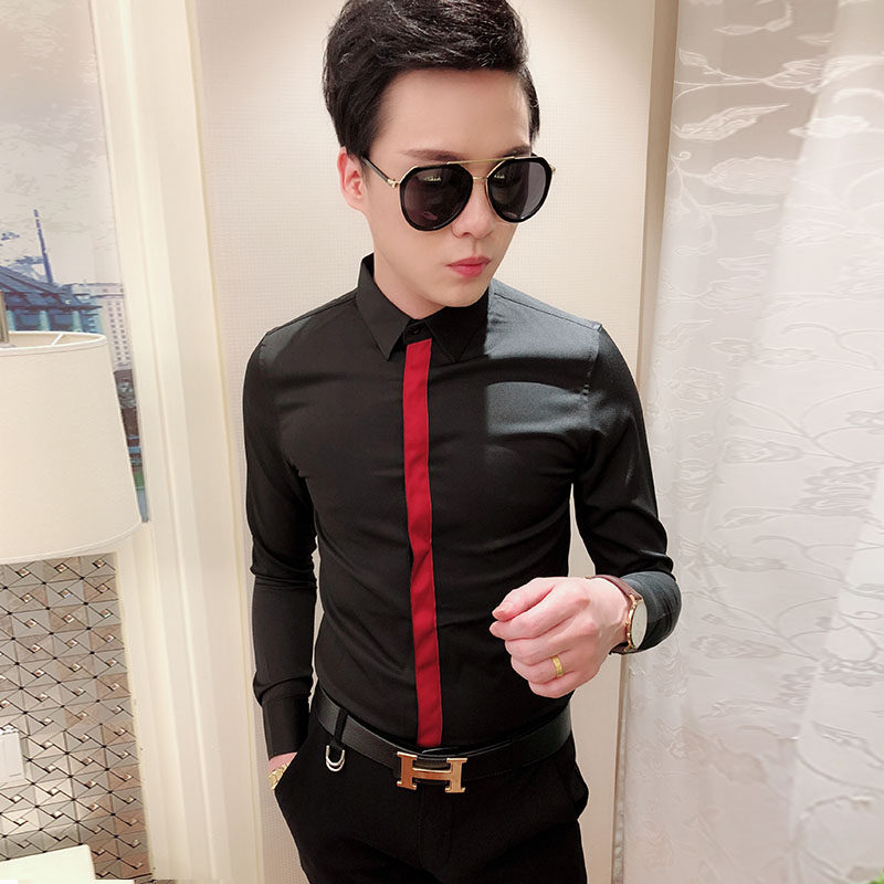 New men's slim-fit shirt Social youth trend shaking sound Korean version long-sleeved shirt Hair stylist work clothes red strip nightclub