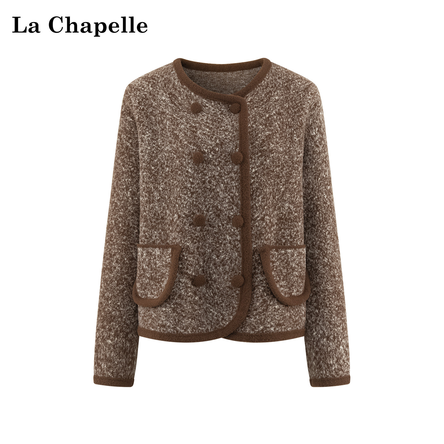 拉夏贝尔圆领双排扣针织开衫女复古通勤时尚高级感显瘦短上衣秋装