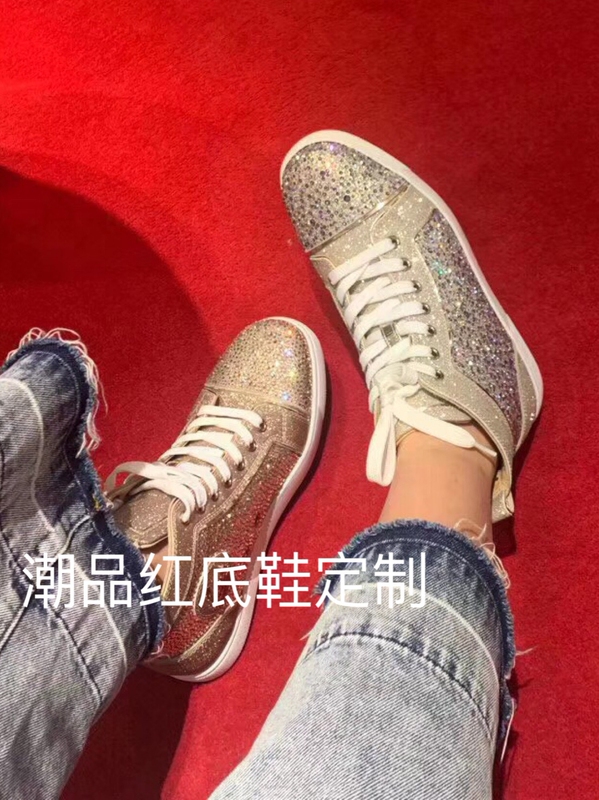 2026 New Model Cl High-Top Pink Rhinestone Women's Shoes, Genuine Leather Colorful Rhinestone Couple Style Champagne Color Red Sole Shoes, Full Rhinestone Sneakers