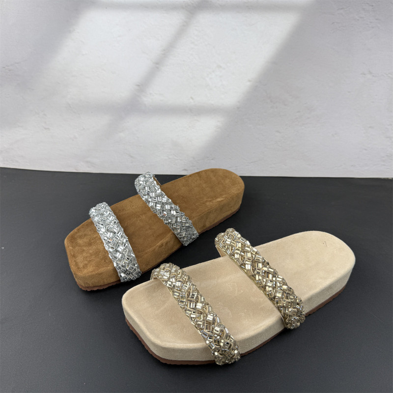 2026 Summer Women's Open-Toe Crystal Fireworks Fairy Shoes Double-Strap Star Rhinestone Thick-Soled Slide Sandals Women's Slippers
