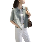 Летняя тонкая трикотажная куртка, дизайнерский короткий кардиган, воротник поло, тренд сезона, яркий броский стиль