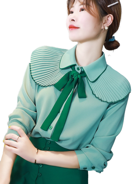 French retro accordion pleats chiffon doll collar shirt women 2023 spring style ruffled gentle wind shirt top women