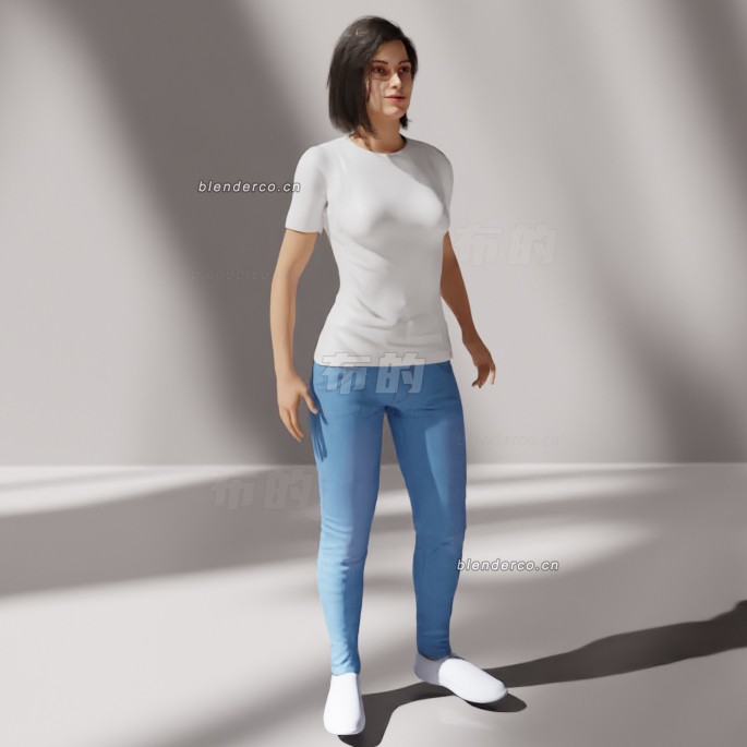 blender穿着牛仔裤和白色上衣的短发美女模型_blender布的26