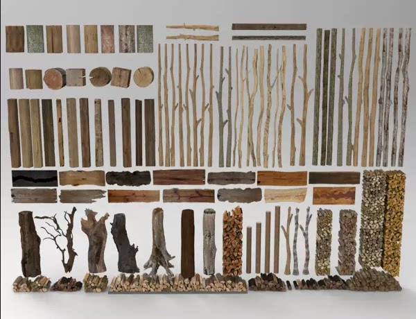 C4D FBX STL OBJ SU木桩木杆树干树枝树墩树根木材三维3D模型素材