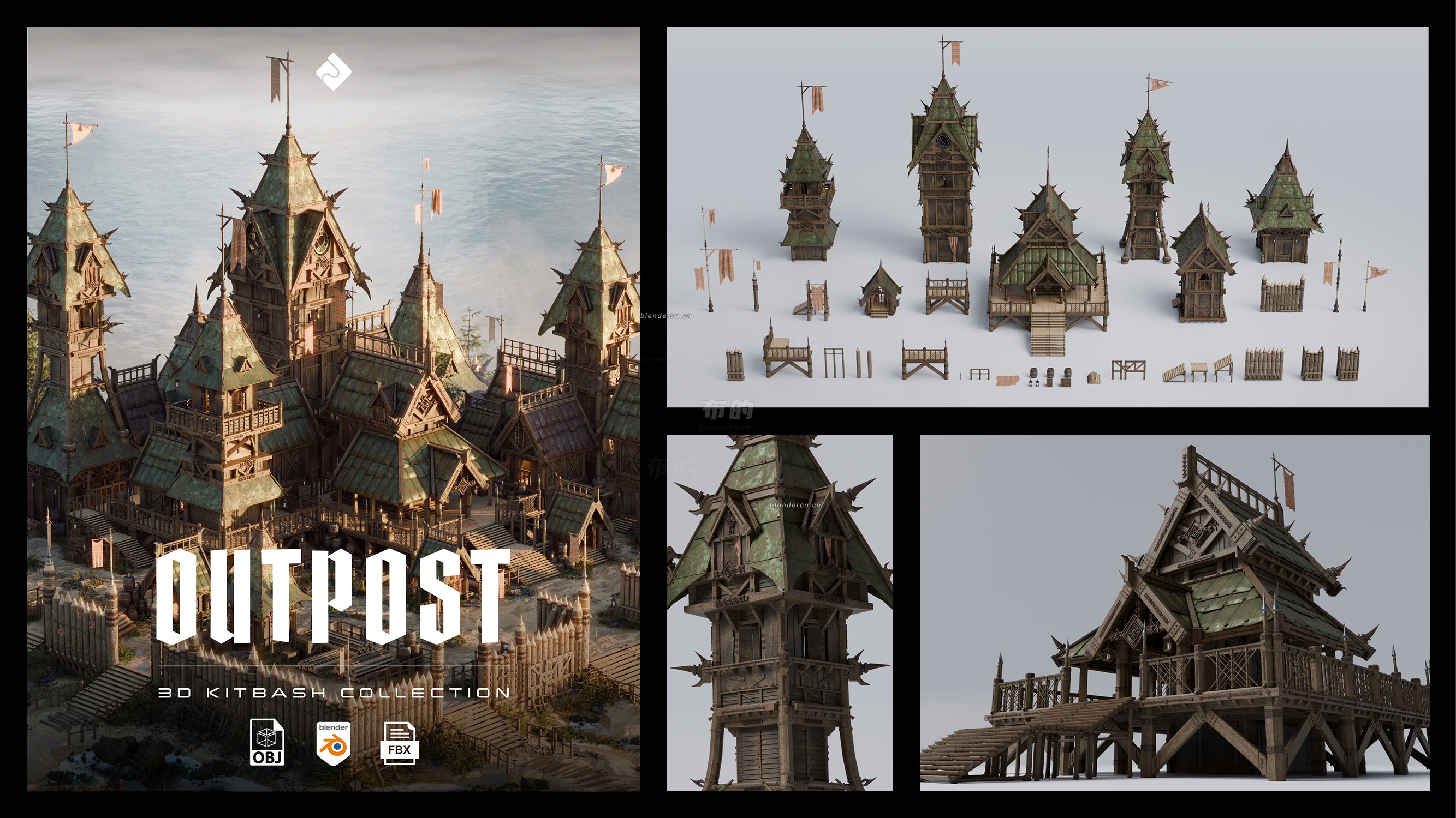 中世纪军事建筑3D模型资产预设 Asset Smash – Outpost – Medieval Military Buildings 3D Kitbash Pack (Blender/FBX/OBJ格式)