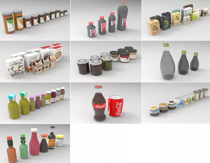 C4D酱料罐装包装FBX食品饮料包装OBJ易拉罐STL玻璃瓶Blender素材
