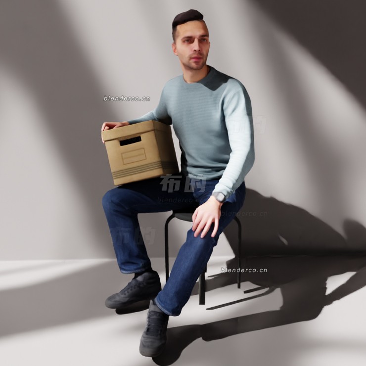 blender坐着拿着银行家箱子男人模型_blender布的66