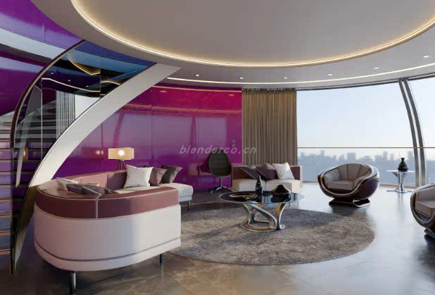 50 – 现代紫色系客厅 Blender 模型