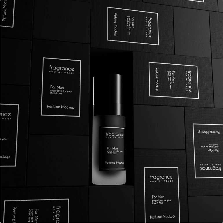 沉稳黑白风格男士香水电商产品3D场景