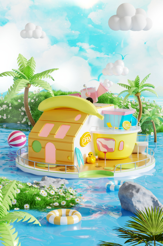 C4D夏天夏日水面卡通户外度假泳池小屋OC渲染场景工程源文件素材-cg男孩