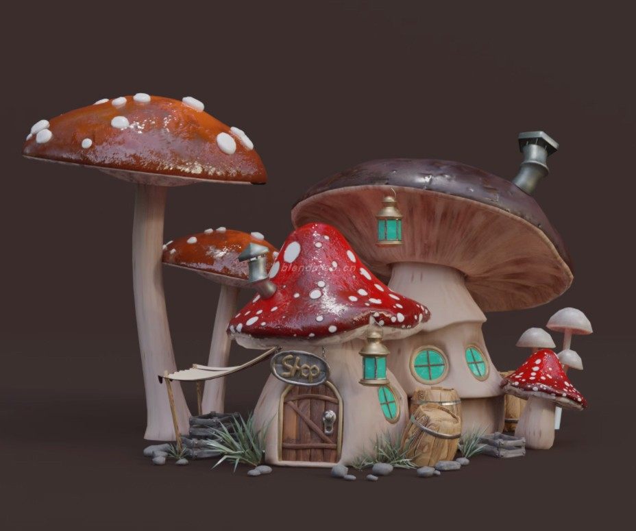 Blender卡通蘑菇屋3D模型场景C4D