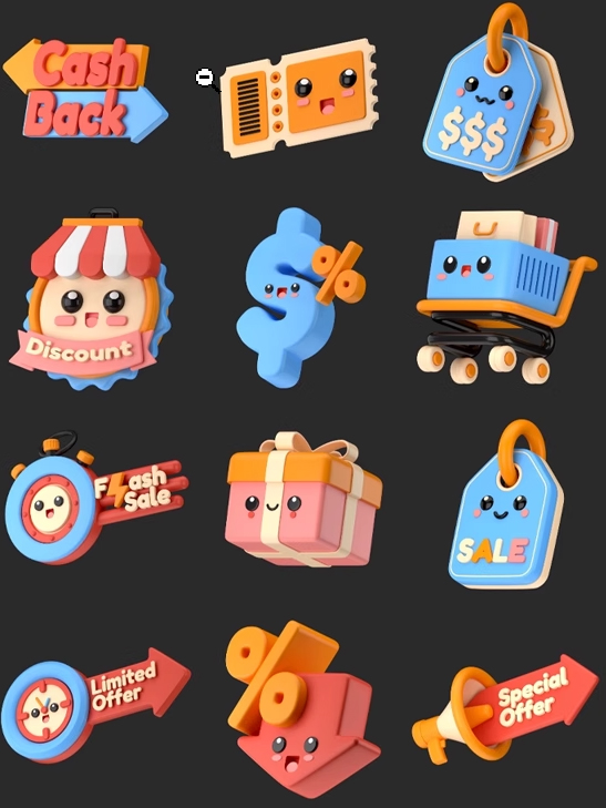 12款趣味在线购物促销打折标语3D模型Blender/FBX/PNG格式GLB素材