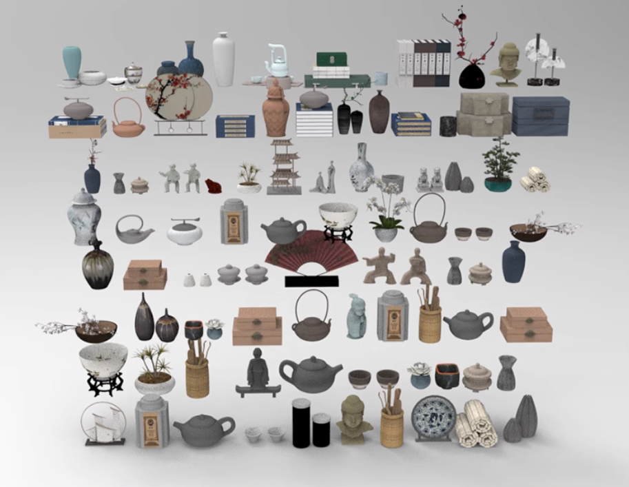 C4D FBX STL OBJ SU摆件佛像香炉茶壶竹简茶杯盒子花瓶盆景3D模型