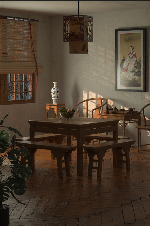 C4D中国风中式室内桌椅灯具挂画3D模型OC渲染场景