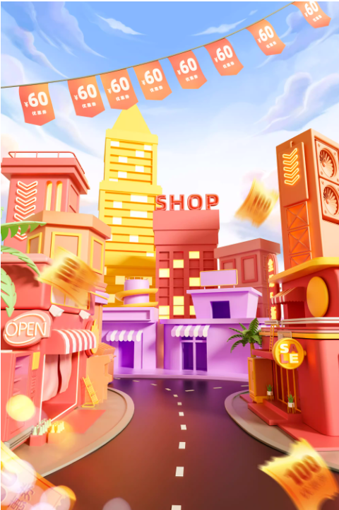 C4D商店街道电商促销活动海报OC渲染三维模型场景