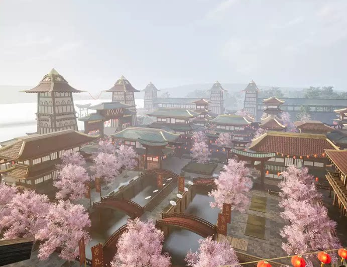 UE C4D FBX STL OBJ日式古代建筑街道场景木桥灯笼木桥船房屋模型