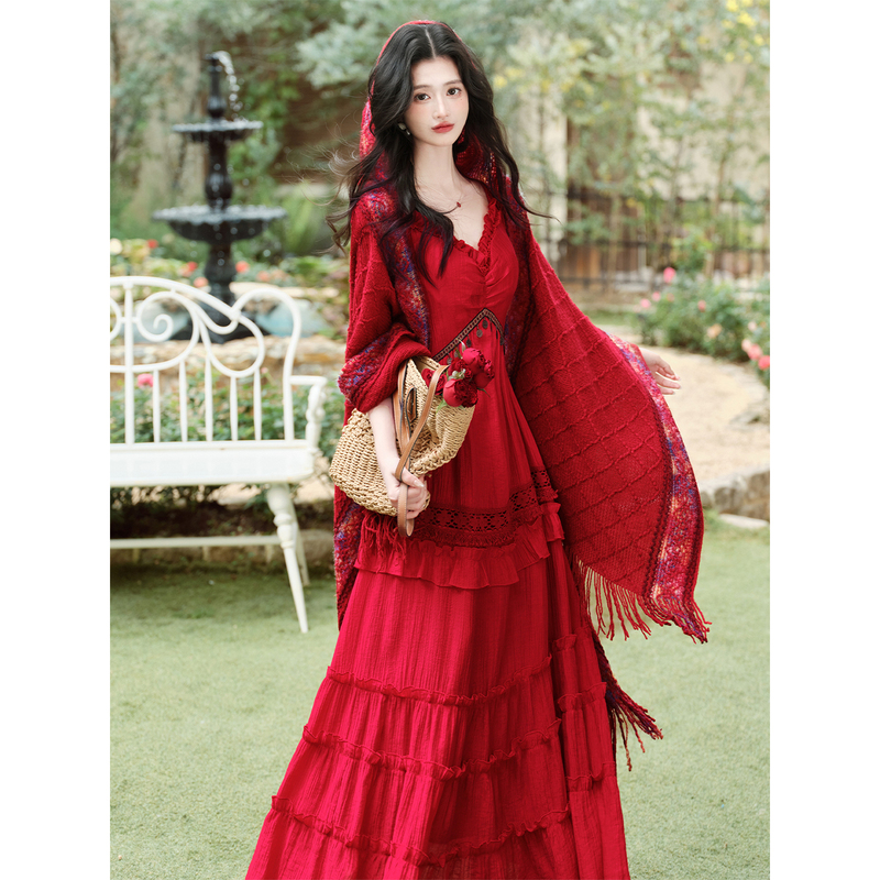 Bohemian Red Dress, Ethnic Style Shawl Two-Piece Set, Yunnan Travel Photo Shoot Vacation Style Waist-Cinching Long Skirt Bohemian Red Dress, Ethnic Style Shawl Two-Piece Set, Yunnan Travel Photo Shoot Vacation Style Waist-Cinching Long Skirt