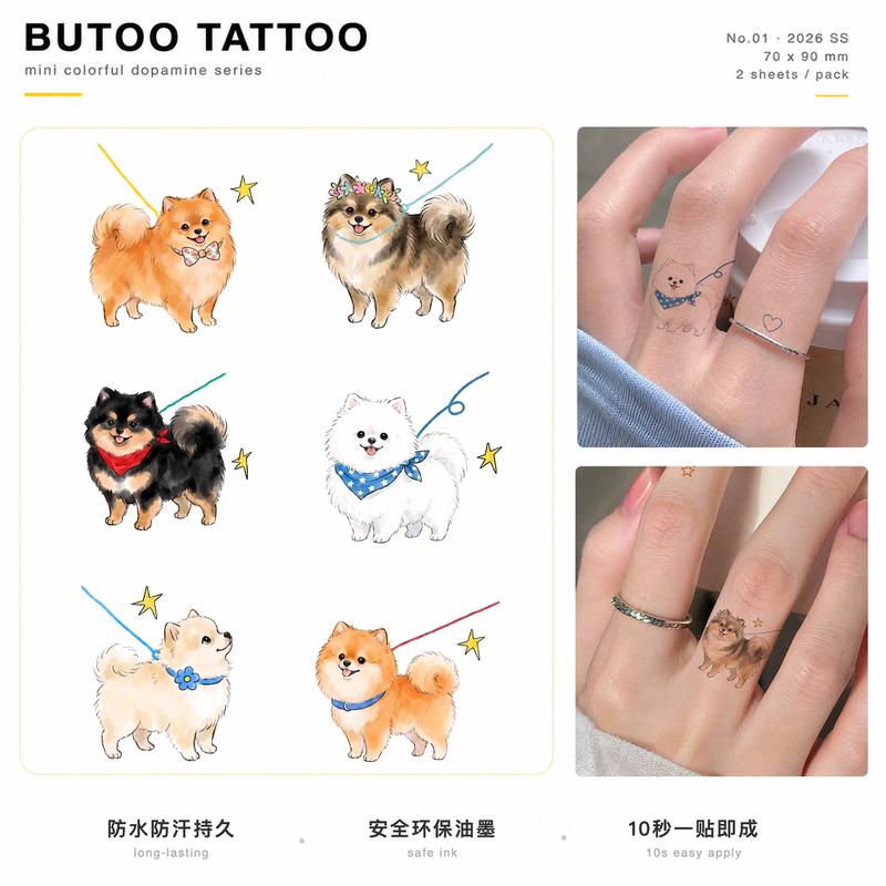 Butoo Tattoo Stickers Cute Pomeranian Puppy Ring Tattoo Stickers for Women Waterproof Long-Lasting Finger Pet Stickers