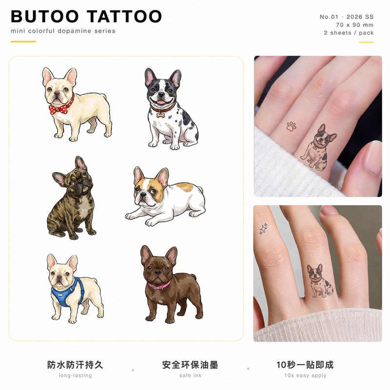 Butoo Tattoo Stickers Cute Dog Diary French Bulldog Puppy Tattoo Stickers for Women Waterproof Long-Lasting Finger Cute Stickers