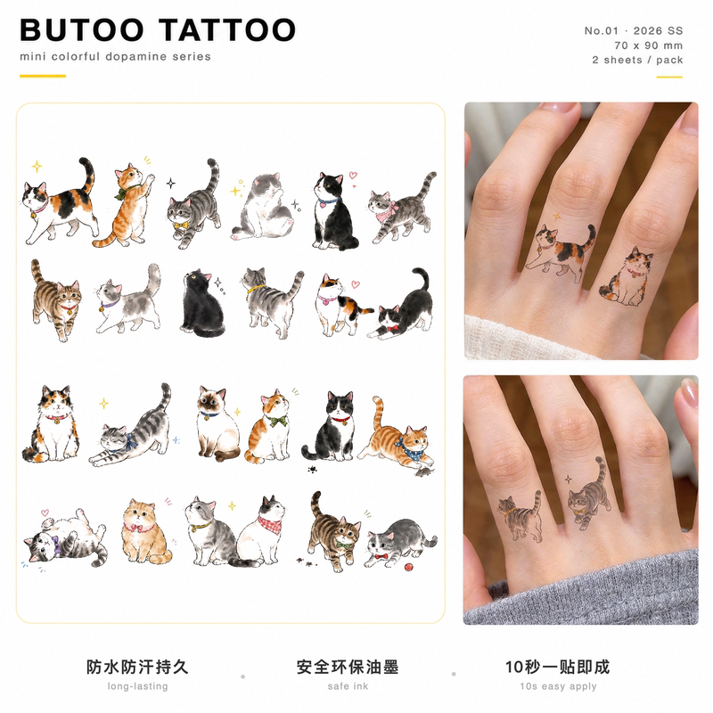 Butoo Tattoo Stickers Meow Meow Ring Cat Family Portrait Tattoo Stickers for Women Waterproof Long-Lasting Finger Kitten Stickers
