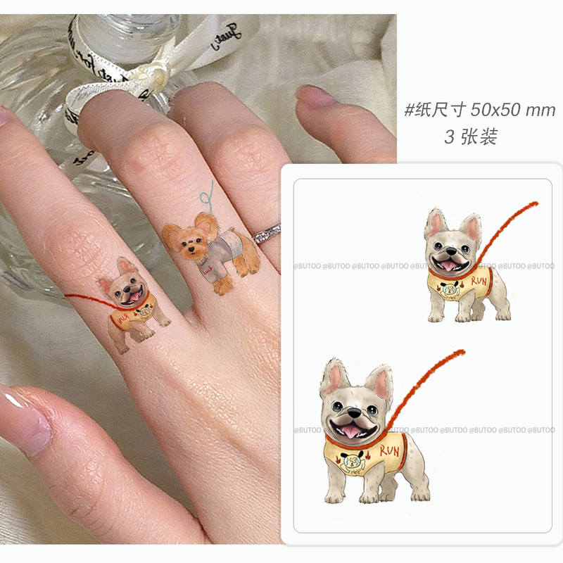 Butoo Tattoo Stickers | Smiling French Bulldog Puppy Tattoo Stickers Waterproof and Long-Lasting Colorful Finger Tattoo Stickers