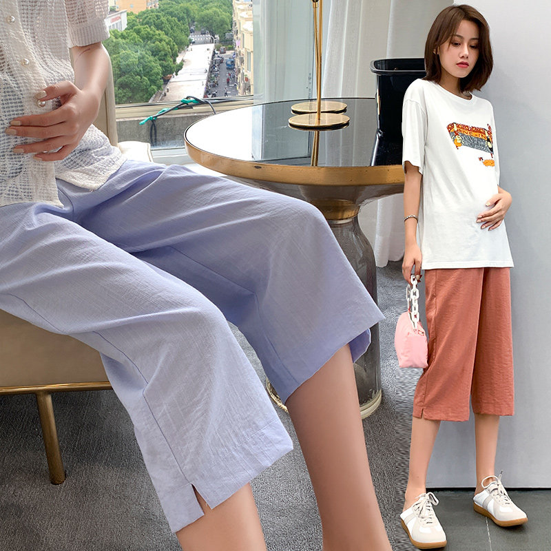Pregnant Woman Pants Summer Thin Cotton Linen Loose Outside Wearing Broadleg Seven-minute Pants Fashion Summer Sports Pants Straight Barrel 50% Pants