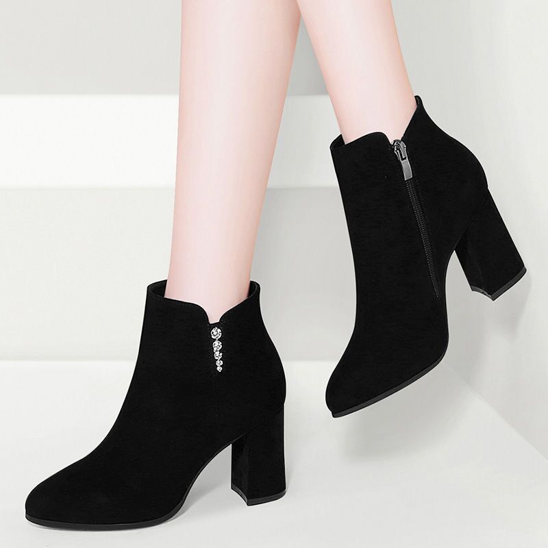 High-Heeled Shoes for Women 2025 New Style Thick-Heeled Short Boots Women's Shoes Black Boots Mid-Heel Fleece-Lined Autumn and Winter Suede Leather Boots