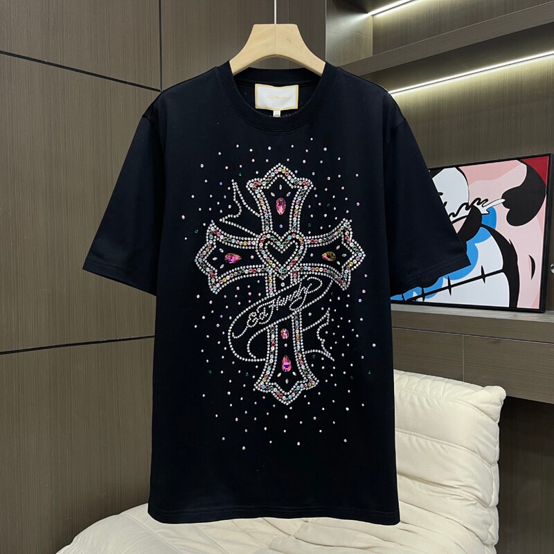 Trendy Brand Ed Hardy Women's Round Neck Pullover T-Shirt, Mid-Length, Black, Heavy-Duty Cross Design with Colorful Rhinestones, Short Sleeve, Unisex Couple Style