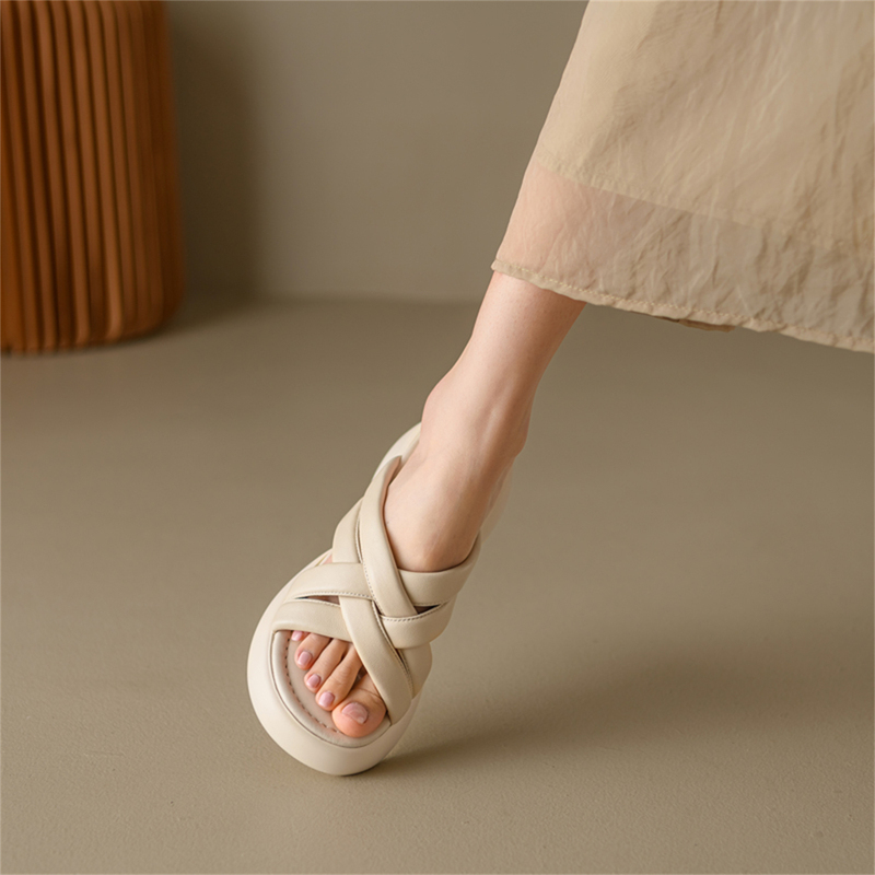 Vilawink Is Super Soft! soft sole ~ Genuine Leather Thick-Soled Cross-Strap Loafers for Women, High-Heeled Sandals for Outdoor Wear