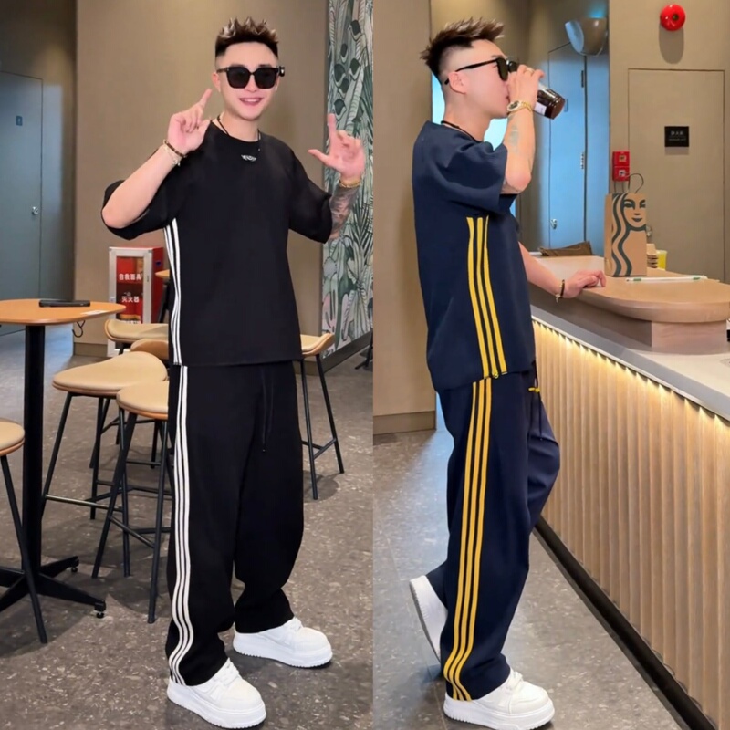 Spring and Summer Waffle Texture Contrasting Striped Casual Suit Men's Round Neck Short-Sleeved Sports Pants Two-Piece Set Spring and Summer Waffle Texture Contrasting Striped Casual Suit Men's Round Neck Short-Sleeved Sports Pants Two-Piece Set