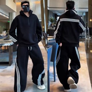 秋季美式潮牌三条杠休闲运动套装男士时尚百搭连帽卫衣长裤两件套
