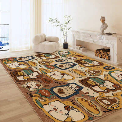 The bed carpet in the bedroom is a popular cartoon on Instagram. It's cute and dirt-resistant for home use. The living room is fully covered with coffee tables and floor MATS