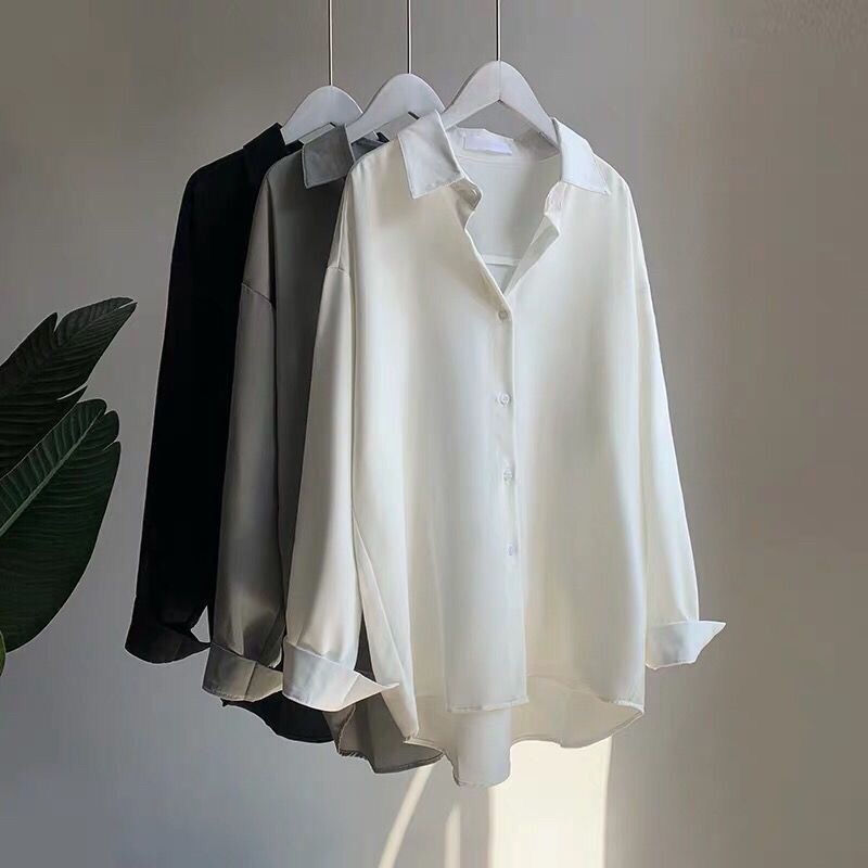No-Iron White Shirt for Men and Women, Silky Drapey Anti-Wrinkle Shirt, Loose High-End Hong Kong Style Long-Sleeved Mercerized Satin Top, Trendy