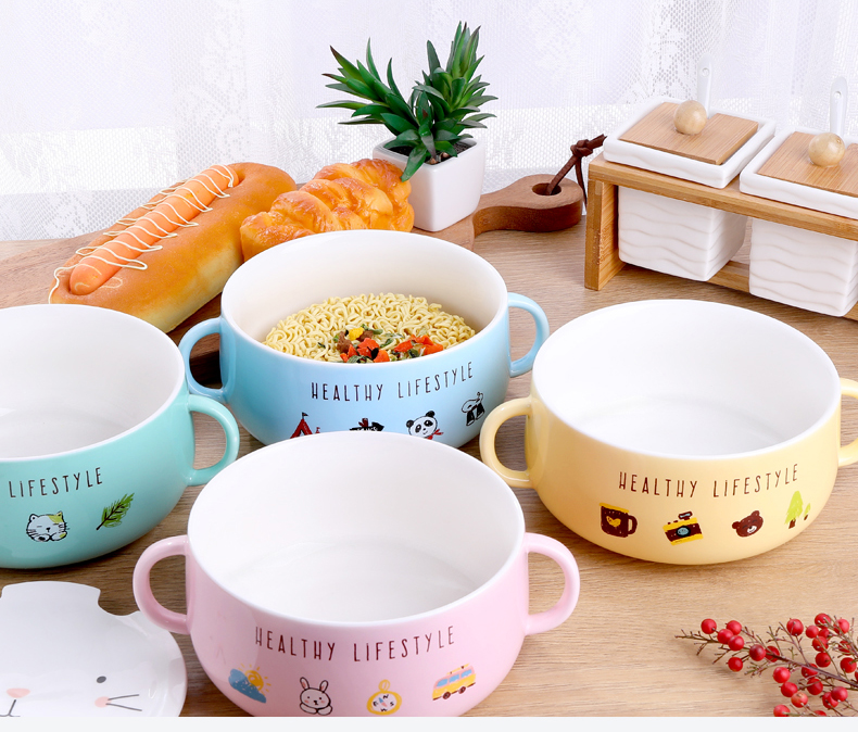 Creative lovely ceramic bowl of soup bowl with cover dormitory instant noodles bowl chopsticks household size suit students eat bowl dishes