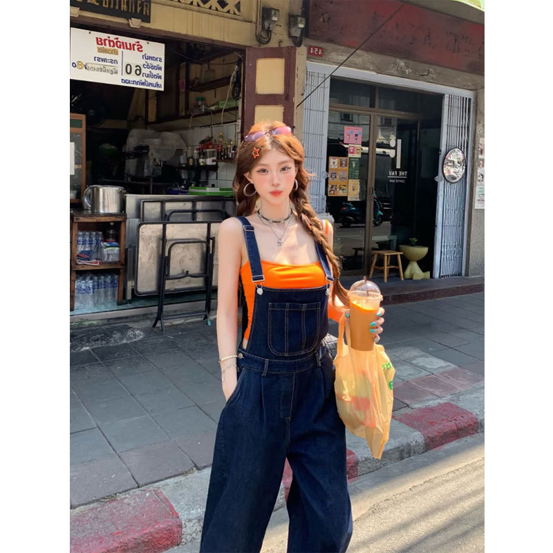 American Retro Denim Blue Overalls for Women, New Summer Style, Loose Fit, Petite, Age-Reducing, Wide-Leg Jumpsuit