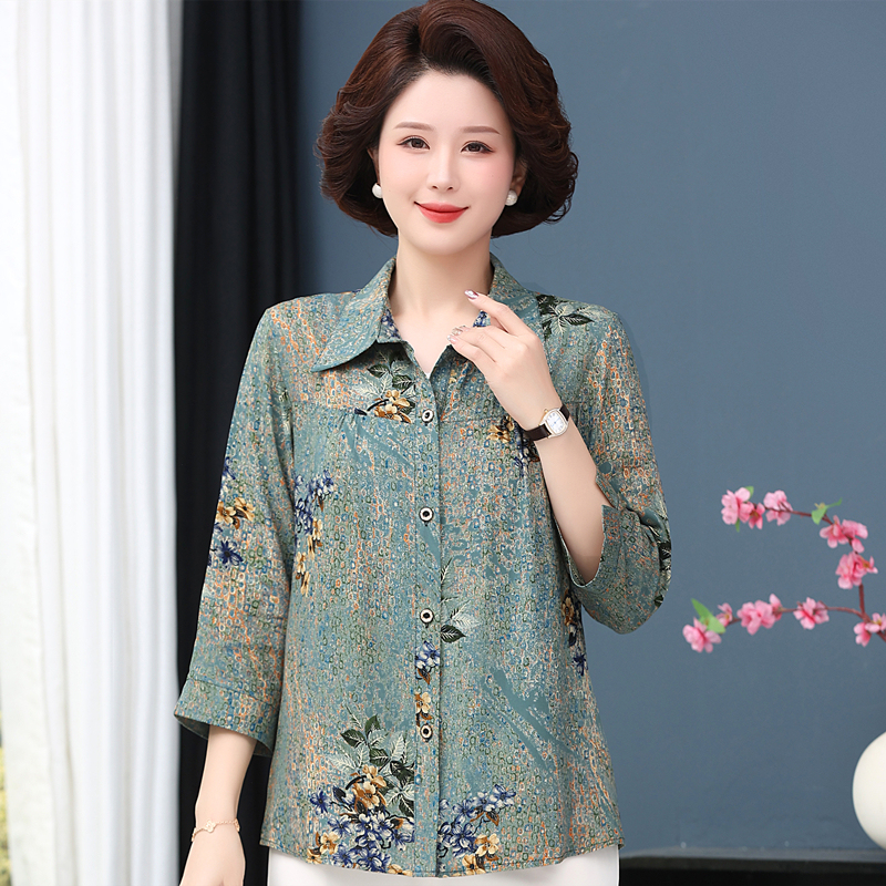 2026 Middle-Aged and Elderly Women's Cotton Silk Shirt Long-Sleeved Mother's Clothing Artificial Cotton Shirt Plus Size Spring and Summer Loose Top