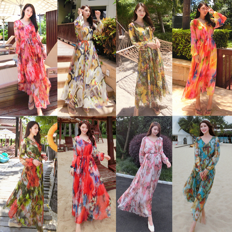 Beach Dress Long Dress Long Sleeve 2025 Summer Printed Plus Size Loose Seaside Vacation Dress Bohemian Dress Flowy