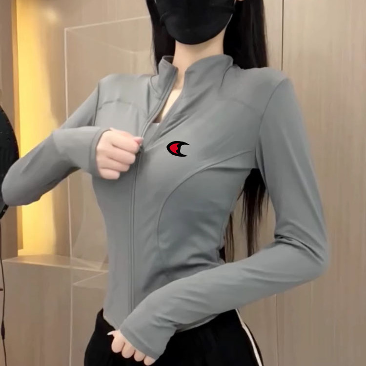 Selling Cute Champion Gray Ice Silk Sun Protection Clothing Women's Summer Thin Slim Stand Collar Yoga Wear Outdoor Sports Top
