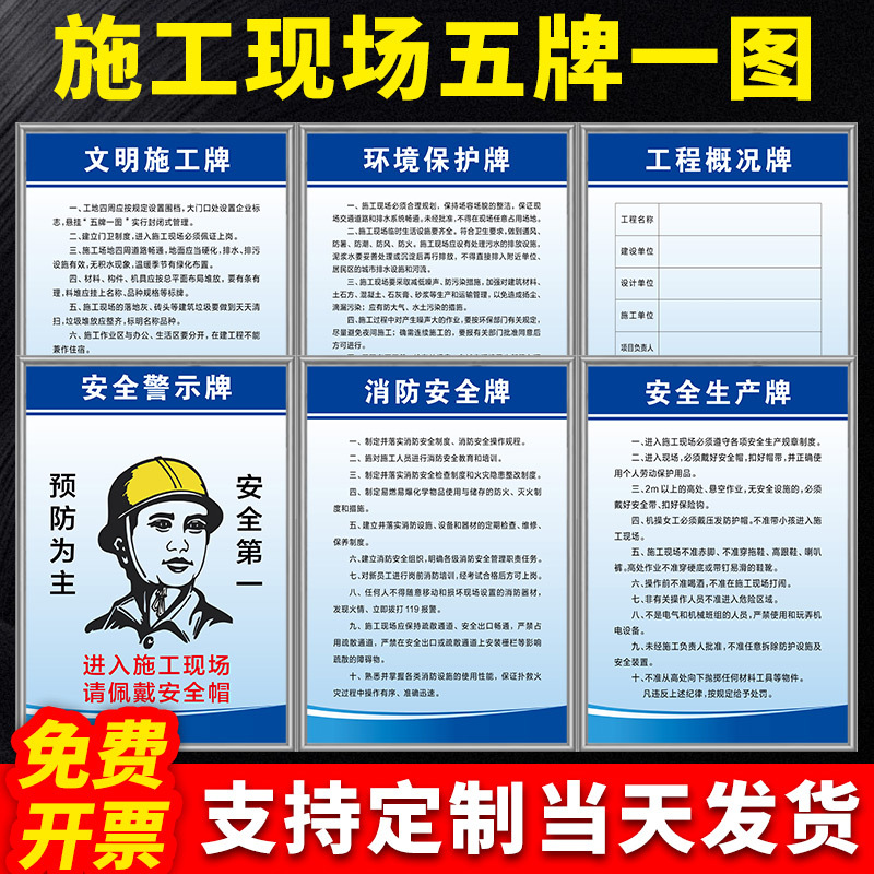 Five Signs and One Diagram at the Construction Site, Safety and Civil Construction Warning Signs, Eight Major Employee Job Management Signs