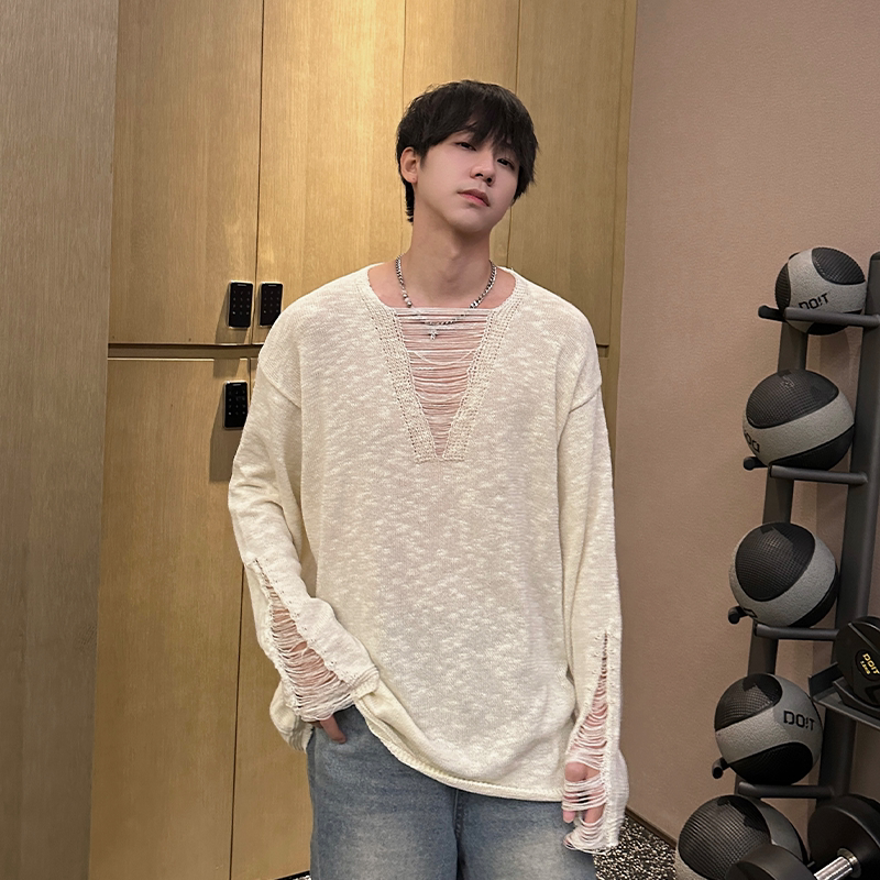 Jkspace Niche Design Hollow-Out Brushed V-Neck Long-Sleeve Knit Sweater for Men, Loose Casual Lazy Style Sweater