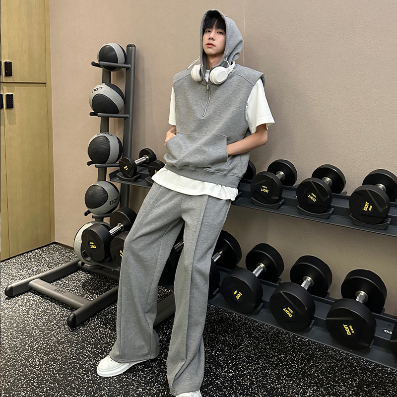 Jkspace Korean Style Air Layer Cotton Design Hooded Padded Vest Men's Hoodie Sports Suit Two-Piece Trendy Set