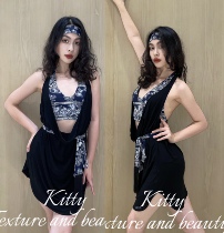 Kitty dance suit black slut collar hood skirt hanging neck short blouses Latin dance suit Sexy explicit legs long practice dresses