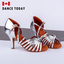 Dance Today Latin dance shoes Female adult soft bottom medium high heel Satin practice professional dance shoes 185 gold and silver
