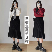 Pregnant woman half-body dress autumn winter Toabdominal outside wearing pregnant woman Skirt Winter Gold Velvet Slim A dresses Loose Winter Dress Woman