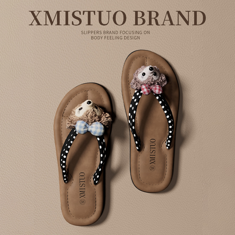 Limei Little Bear~ Cartoon Flip-Flops for Women, Summer Outdoor Wear, Non-Slip, Indoor Home Dormitory Versatile Flat Sandals