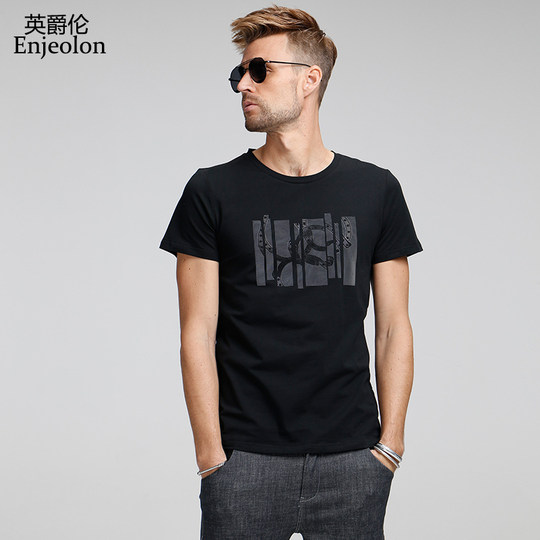 Yingjuerun smooth modal cotton summer men's short-sleeved T-shirt trendy brand printed European and American men's decoration body shirt