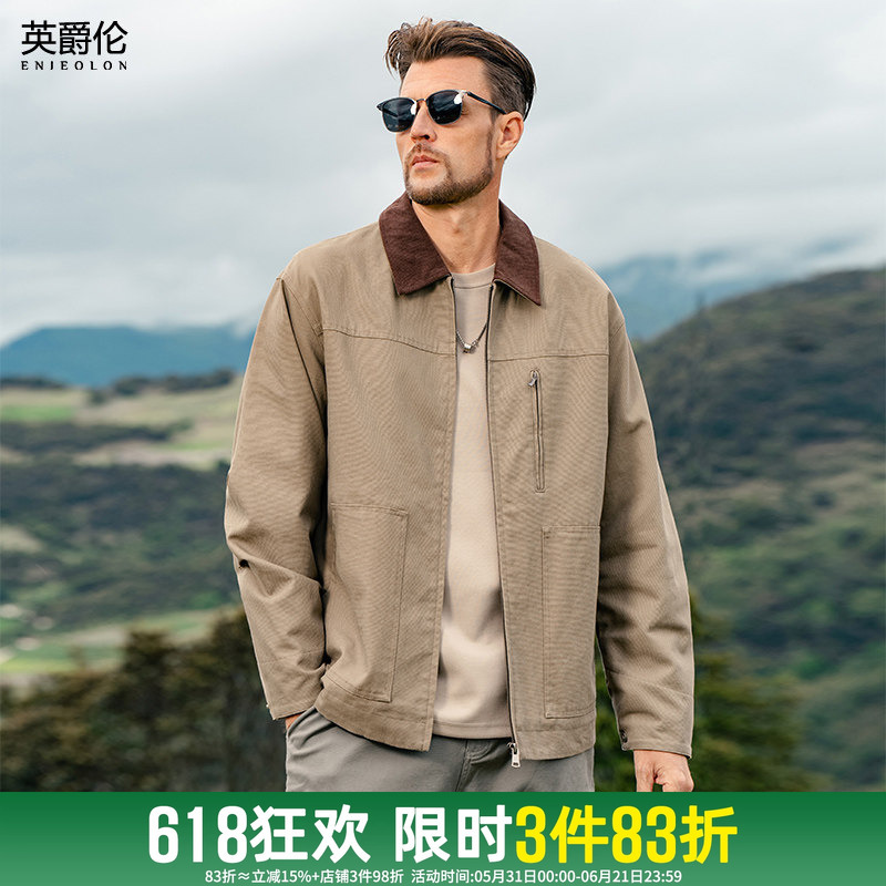 Yingjuelun American Retro Barn-Style Work Jacket for Men, Spring and Autumn Pure Cotton Lapel Detroit Coat, Casual Top