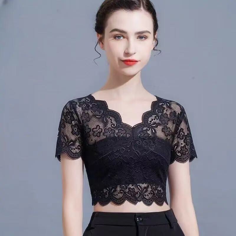 Lace Fake Collar Women's Summer Thin Base Shirt Versatile V-Neck Short-Sleeve Paired with a Slip Dress, Stylish Lace Top for Layering